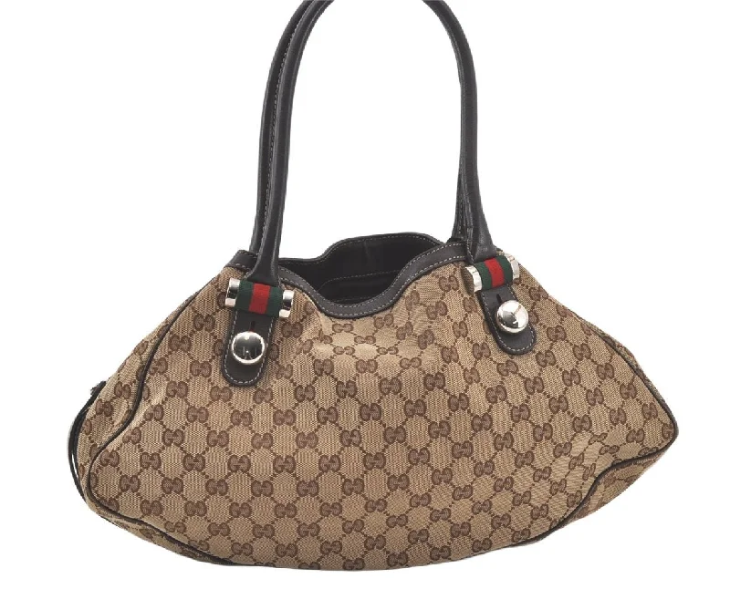 Auth GUCCI Web Sherry Line Match Ball Tote Bag GG Canvas Leather Brown 6877K