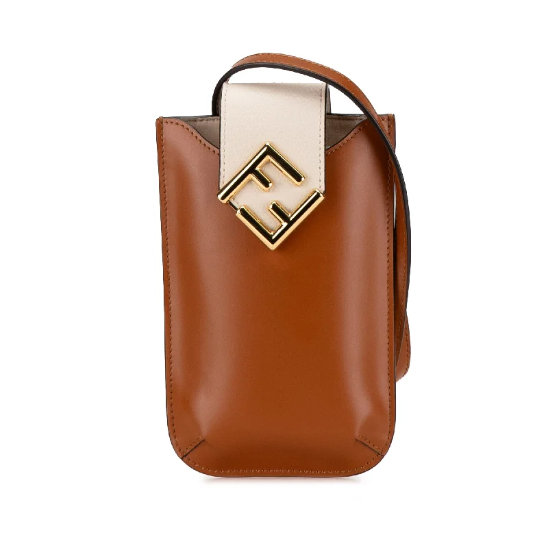 Brown Fendi Leather FF Diamond Phone Case Crossbody