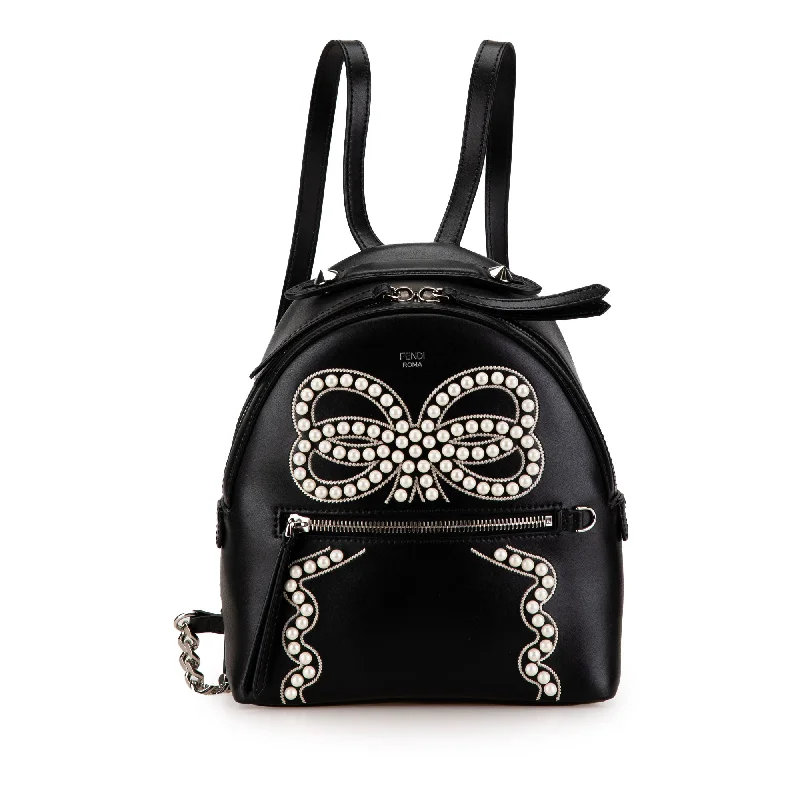 Black Fendi Mini By The Way Leather Ribbon Pearl Backpack