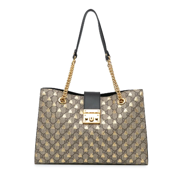 Brown Gucci Medium GG Supreme Bees Padlock Tote