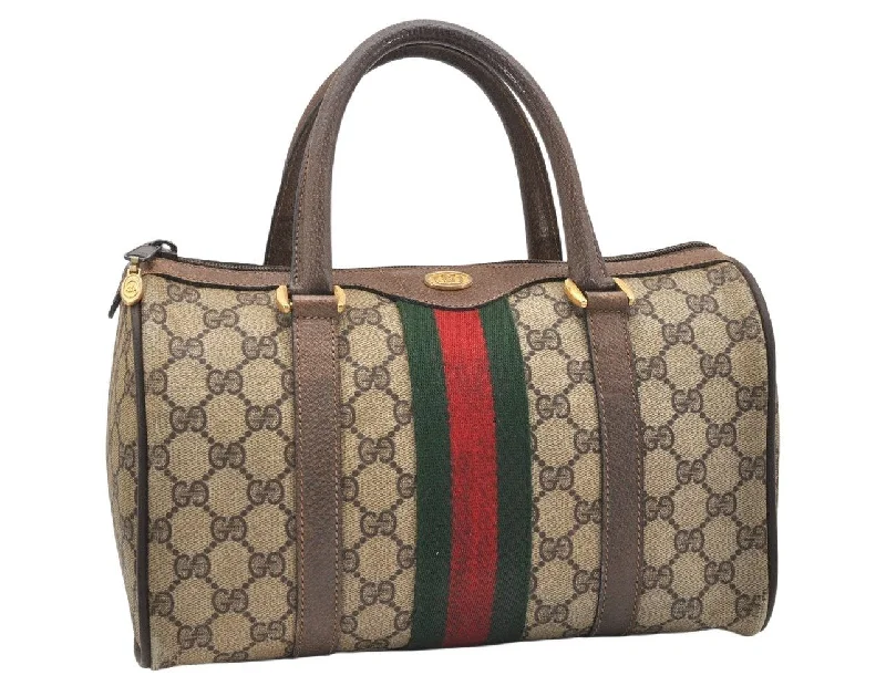 Authentic GUCCI Web Sherry Line Hand Boston Bag GG PVC Leather Brown Junk 6901K