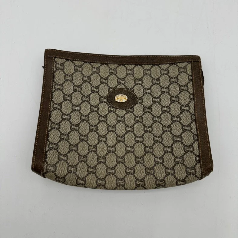 Gucci Beige Brown Canvas Leather Clutch Wristlet Medium Size