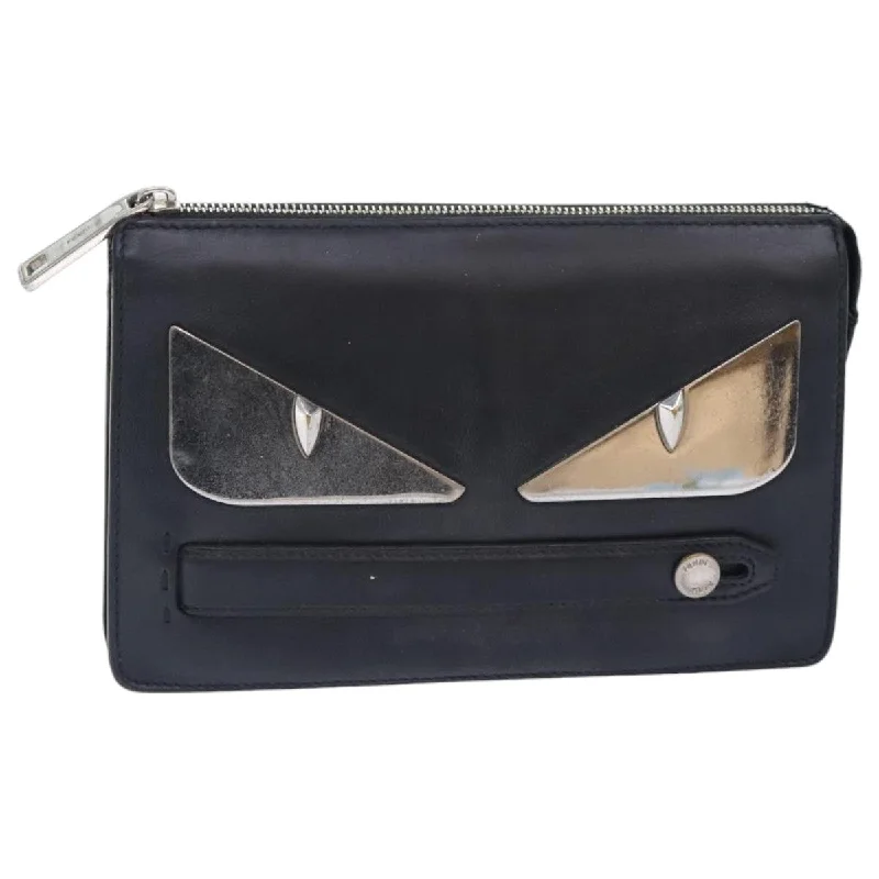 FENDI Clutch Bag Leather Black Silver  bs18896