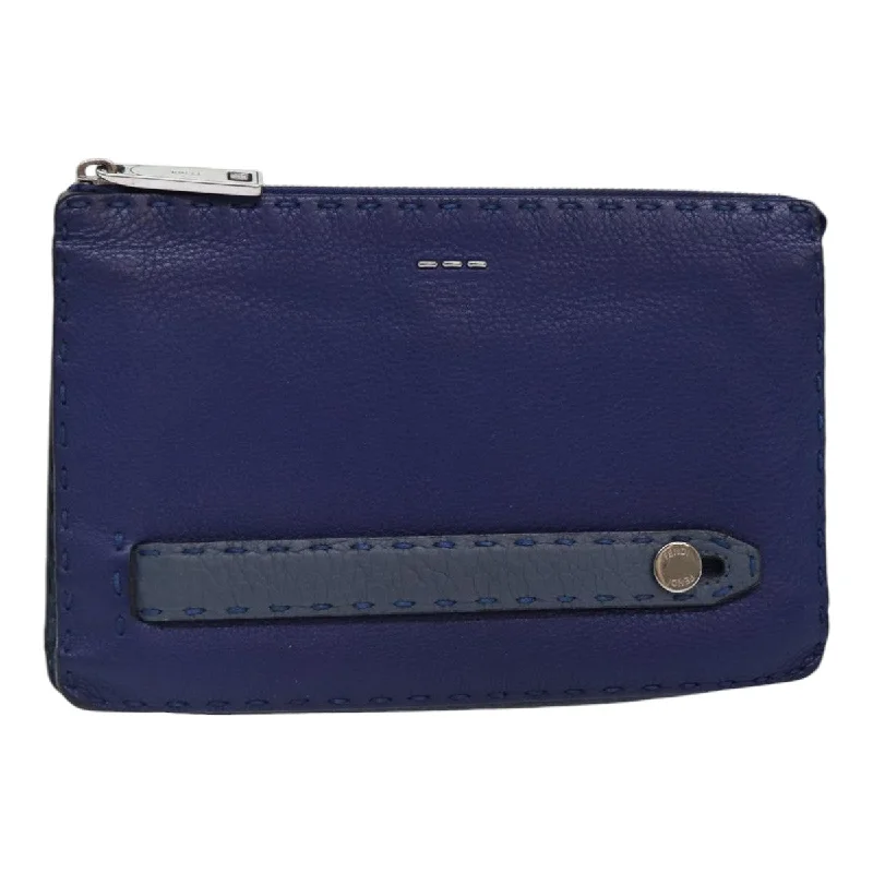 FENDI Clutch Bag Leather Blue Silver  bs17465