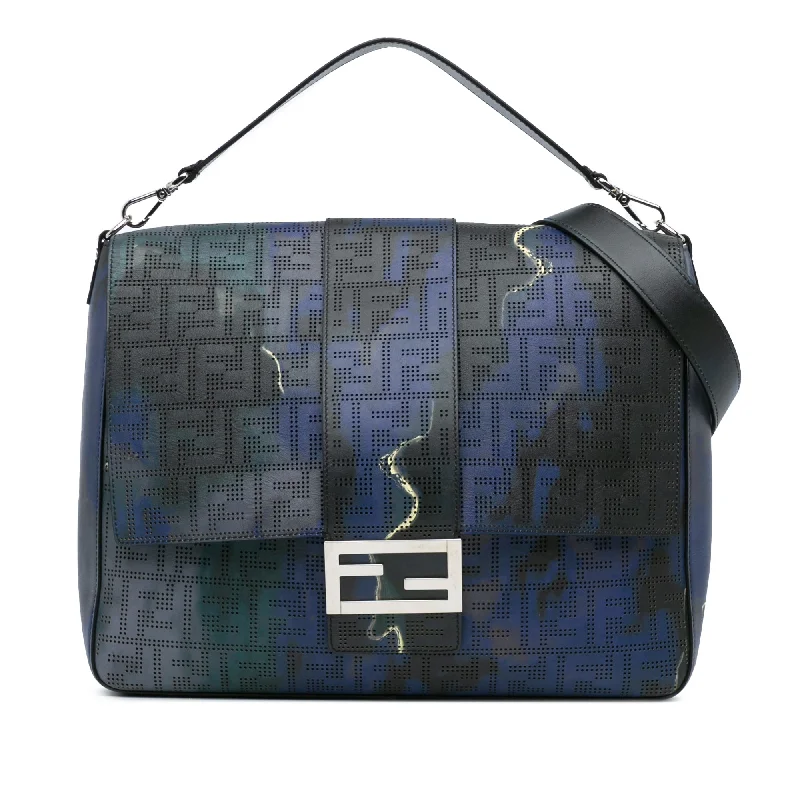 Blue Fendi Large Zucca Perforated Leather Baguette Satchel