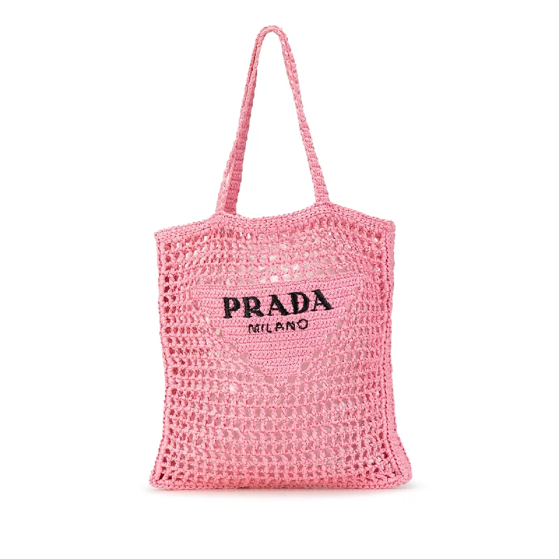 Pink Prada Crochet Raffia Logo Tote