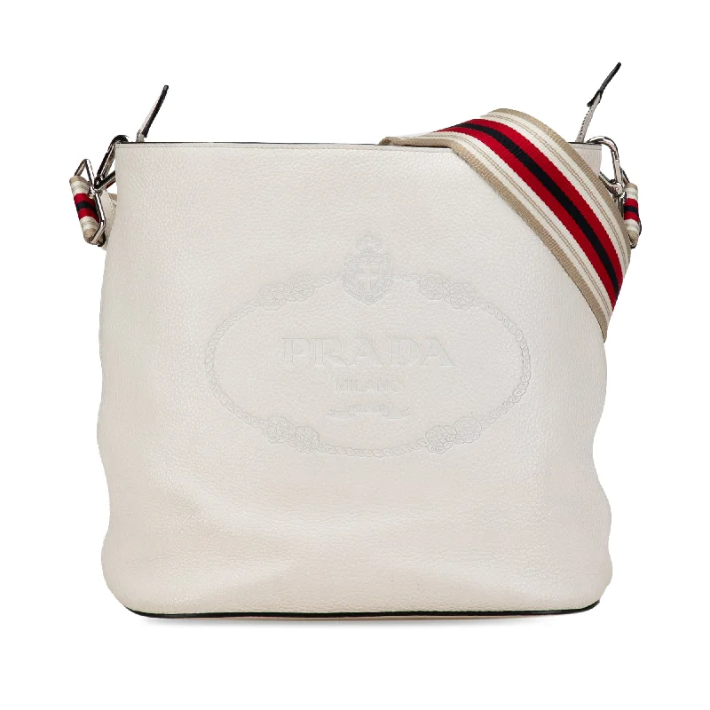 White Prada Vitello Phenix Logo Bucket Bag