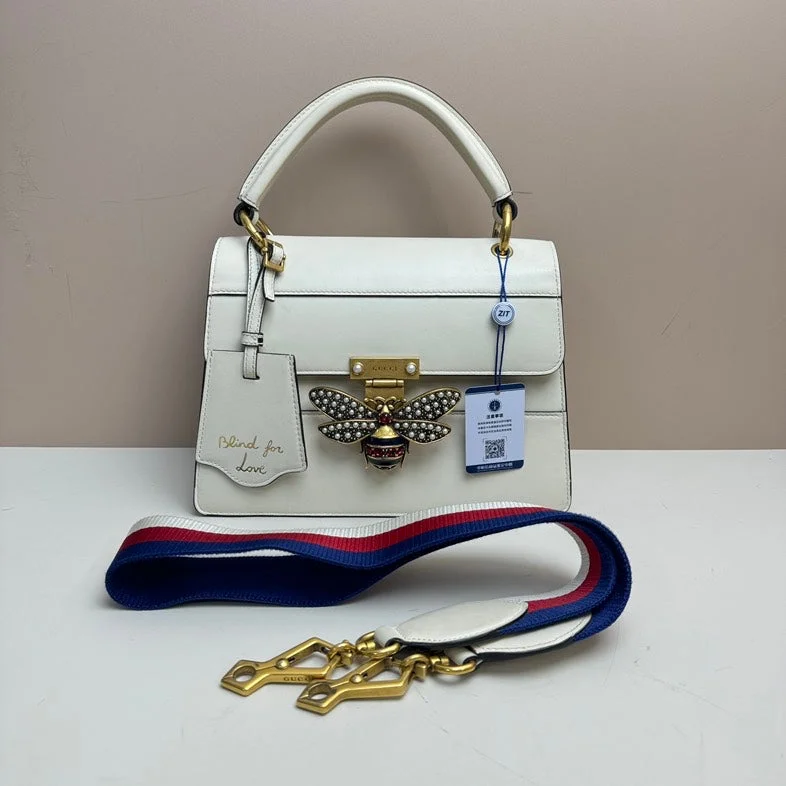 Gucci Bee Leather 2way Bag - White Medium with Embellished Bee Detail and Optional Strap