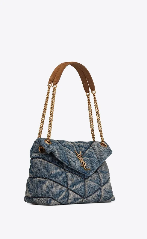 YSL PUFFER MEDIUM CHAIN BAG QUILTED VINTAGE DENIM & SUEDE