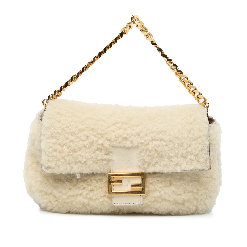 White Fendi Mini Shearling Baguette Satchel