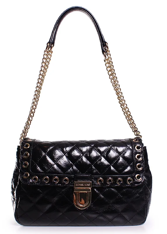 Michael Kors Hippie Grommet Sloan Large Quilted Shoulder Bag iLeather Handbag Black NEW