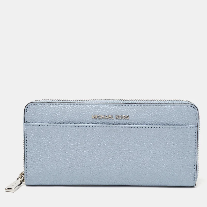 Blue Leather Money Pieces Zip Around Wallet