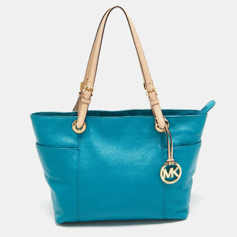 Teal Blue/Beige Leather Jet Set Tote