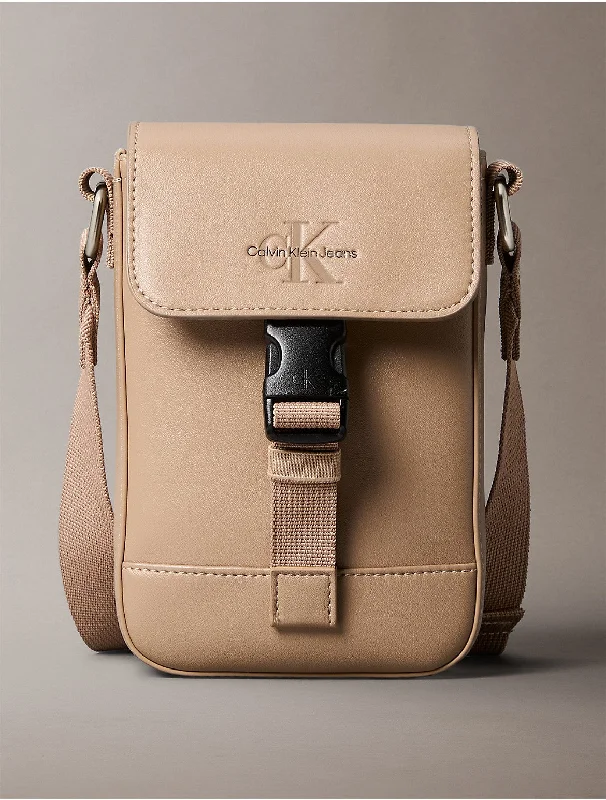 Men's Monogram Logo Flap Phone Crossbody Bag - Brown