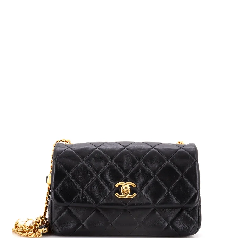 Resin Pearl Chain Flap Bag Quilted Lambskin Small