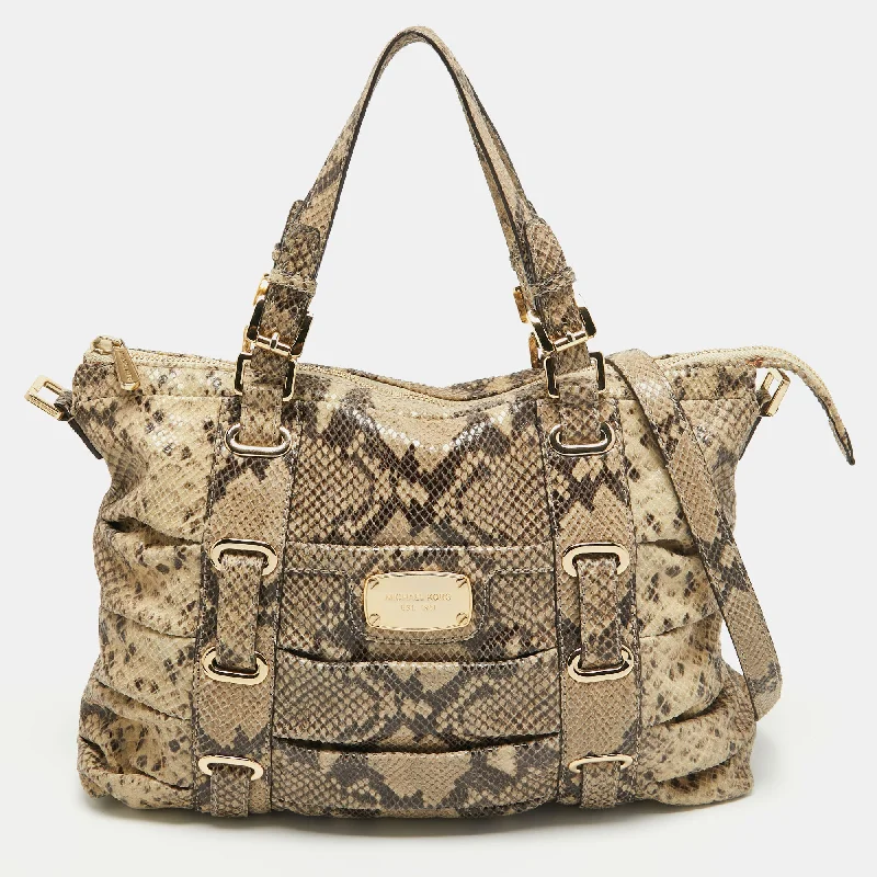 Black/Cream Python Embossed Leather Large Rouched Gansevoort Tote