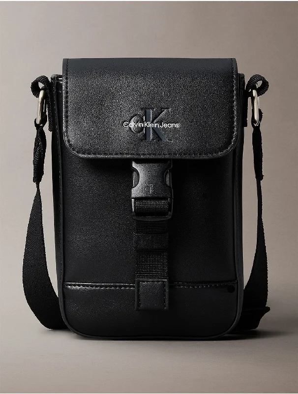 Men's Monogram Logo Flap Phone Crossbody Bag - Black