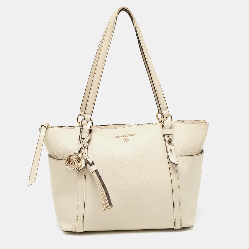 Light Beige Leather Medium Top Zip Jet Set Tote