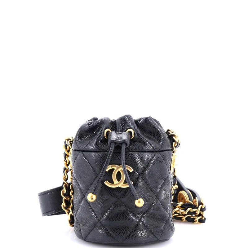 Twist Your Buttons Drawstring Bucket Bag Quilted Caviar Mini