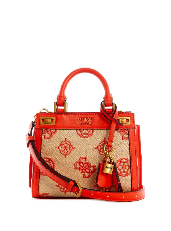 Red Katey Mini Raffia Satchel Bag