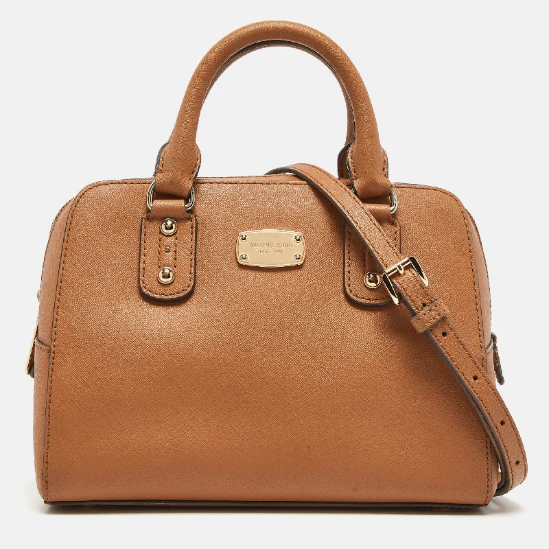 Brown Saffiano Leather Logo Satchel