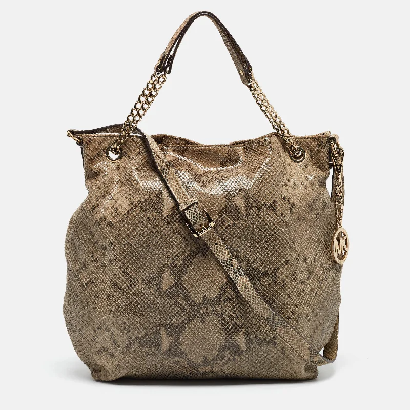 Grey Snakeskin Embossed Leather Cynthia Shoulder Bag