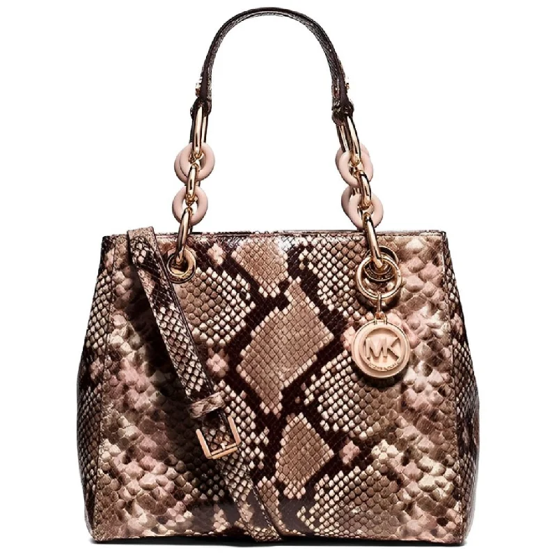 MICHAEL KORS Cynthia Medium Brown Python Embossed Leather Shoulder Bag Purse New