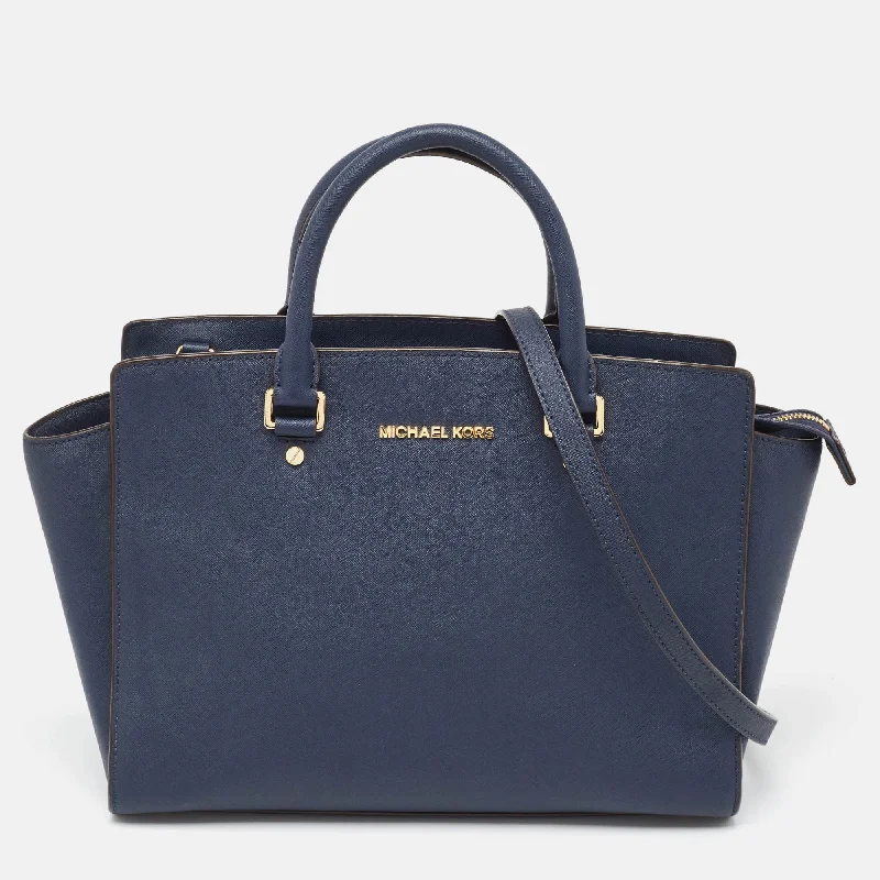 Navy Blue Saffiano Leather Large Selma Tote