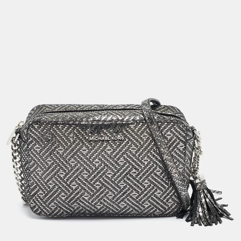 Metallic Grey Textured Leather Ginny Camera Crossbody Bag