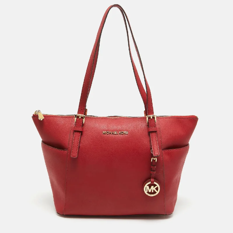 Red Saffiano Leather Jet Set Top Zip Tote