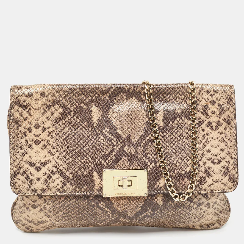 Beige Python Embossed Leather Turnlock Chain Bag