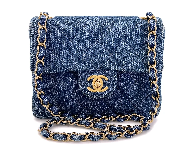 Chanel 1998 Vintage Blue Denim Square Mini Flap Bag 24k GHW  2H2