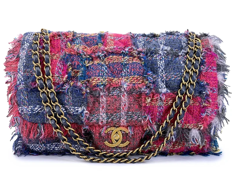 Chanel 2014 Multicolor Fringe Tweed Dark Pink Purple Flap Bag GHW 611