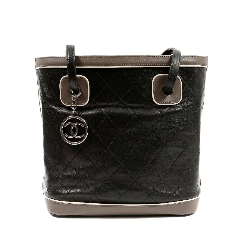 Chanel Black and Grey Quilted Leather Bucket Tote