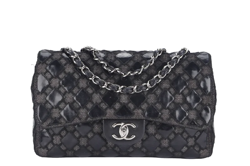 CHANEL CLASSIC FLAP JUMBO (1430xxxx ) BLACK PATENT LACE SILVER HARDWARE NO CARD WITH BOX AND DUST COVER