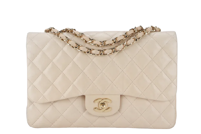 CHANEL CLASSIC SINGLE FLAP (1309xxxx) JUMBO BEIGE LAMBSKIN GOLD HARDWARE WITH CARD