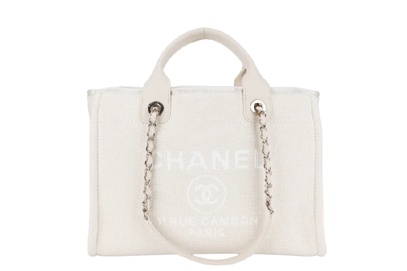 CHANEL DEAUVILLE SMALL BEIGE & WHITE CANVAS (K17Lxxxx) GOLD HARDWARE WITH DUST COVER AND BOX