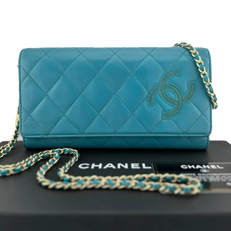 CHANEL Turquoise Lambskin CC Diagonal Full Flap Wallet