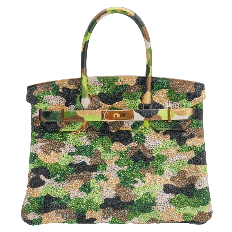 Hermès 30cm Birkin Customized Green Camouflage Swarovski Crystal Gold Hardware