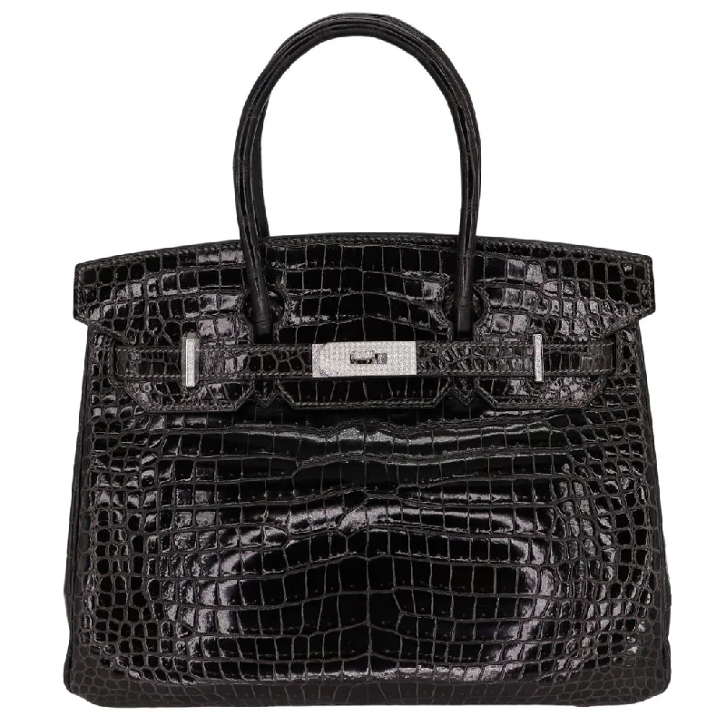 Hermès 30cm Birkin Graphite Shiny Porosus Crocodile White Gold Diamond Hardware