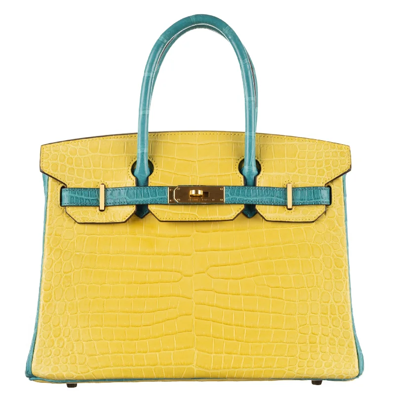 Hermès 30cm Birkin HSS Mimosa/Bleu Paon Matte Porosus Crocodile Brushed Gold Hardware