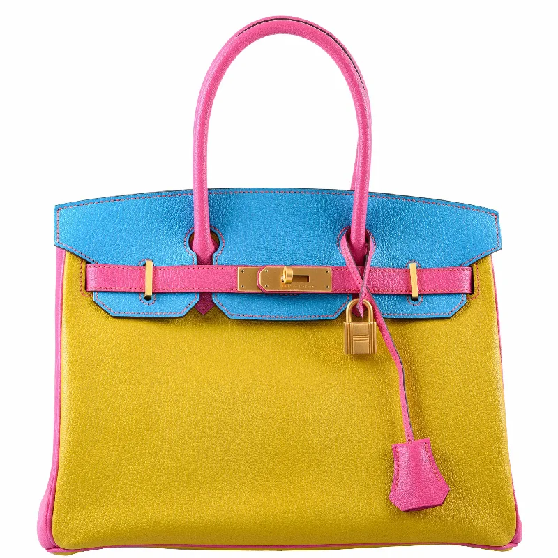 Hermès Birkin 30 HSS Rose Lipstick, Blue Aztec & Cumin Chevre Leather Brushed Gold Hardware - 2014, R Squared