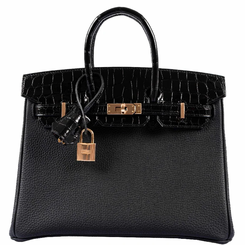 Hermès Birkin Touch 25 Black Togo & Niloticus Crocodile Rose Gold Hardware