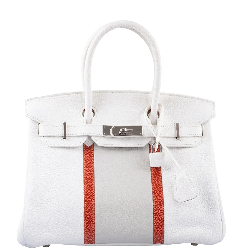 Hermès Club Birkin 30 White, Grey Clemence & Sanguine Lizard Palladium Hardware