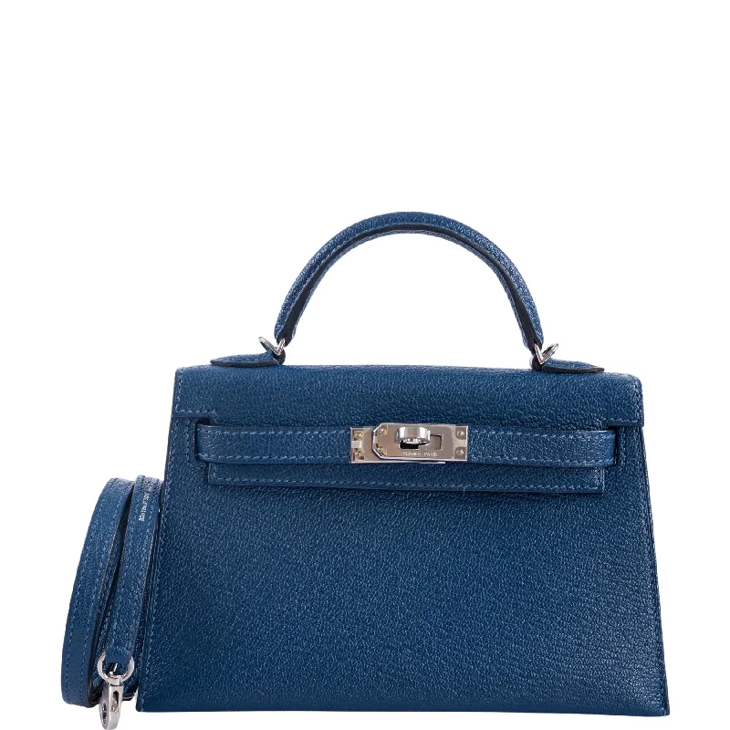 Hermès Kelly 20 Mini II Sellier Verso Blue Deep and Ebène Chèvre Palladium Hardware