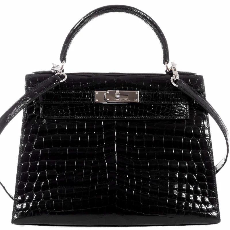 Hermès Kelly 28 Sellier Black Shiny Niloticus Crocodile Palladium Hardware