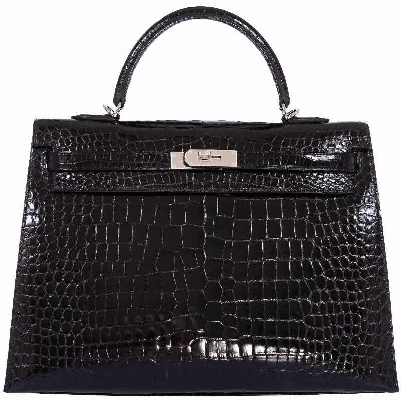 Hermès Kelly 35 Black Shiny Porosus Crocodile Palladium Hardware