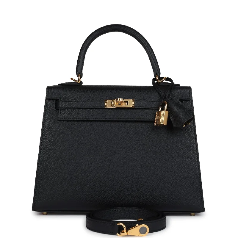 Hermes Kelly Sellier 25 Black Epsom Gold Hardware