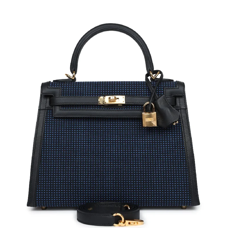 Hermes Quadrille Kelly Sellier 25 Black Swift and Bleu Saphir Toile Gold Hardware