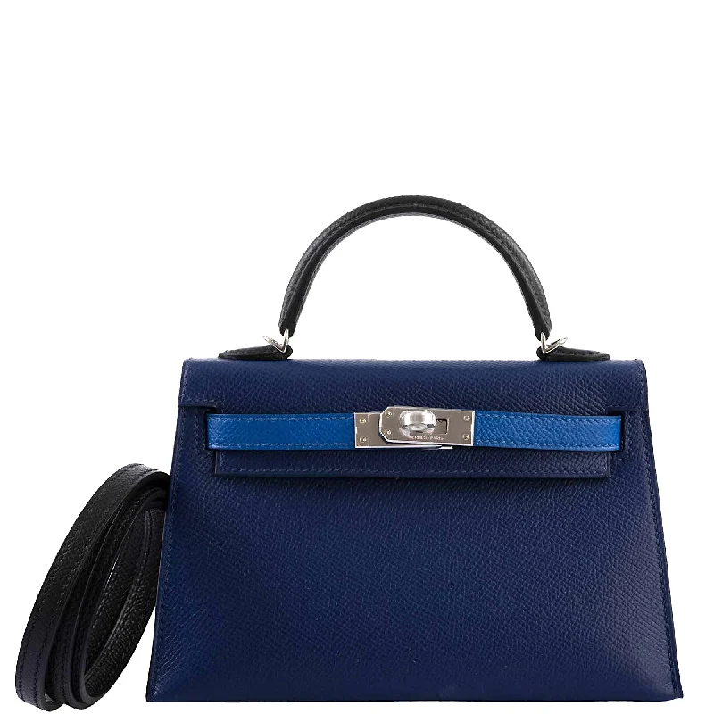 Hermès Tricolor Mini Kelly 20 Bleu Saphir, France, and Black Epsom Palladium Hardware